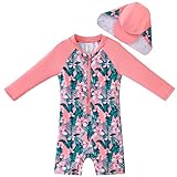 UMELOK Baby Badeanzug mit Sonnenhut UV Schutz Badebekleidung Tropische Pflanze, rosa 9-12 Monate/74-80cm