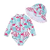 BONVERANO Baby Mädchen Badeanzug mit Badekappe UV-Schutz 50+ EIN stück Langärmelige-Badeanzug…(Rot-Flamingo,12-18Monate…