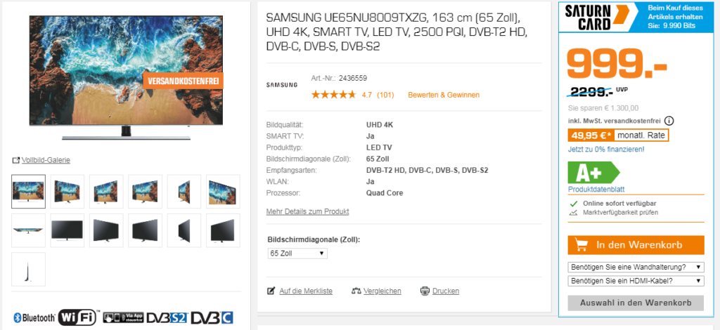 Samsung UE65NU8009TXZG weniger als 1000 Euro